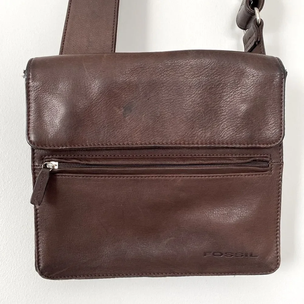 VTG Fossil Dark Brown Leather Messenger Bag Unisex Boho Casual Street Coastal
